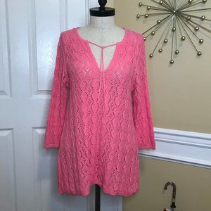 Pink Boho Crochet V-Neck Sweater Sz Large
